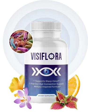 VisiFlora dietary supplement bottle with ingredient illustrations