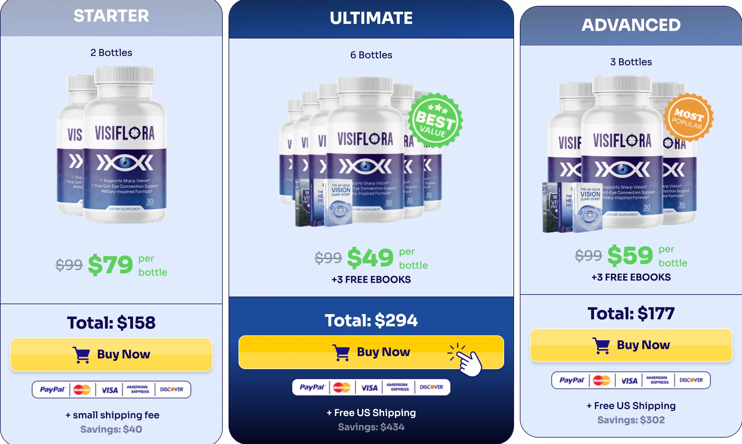 VisiFlora packages: two bottles $158, three $177, six $294